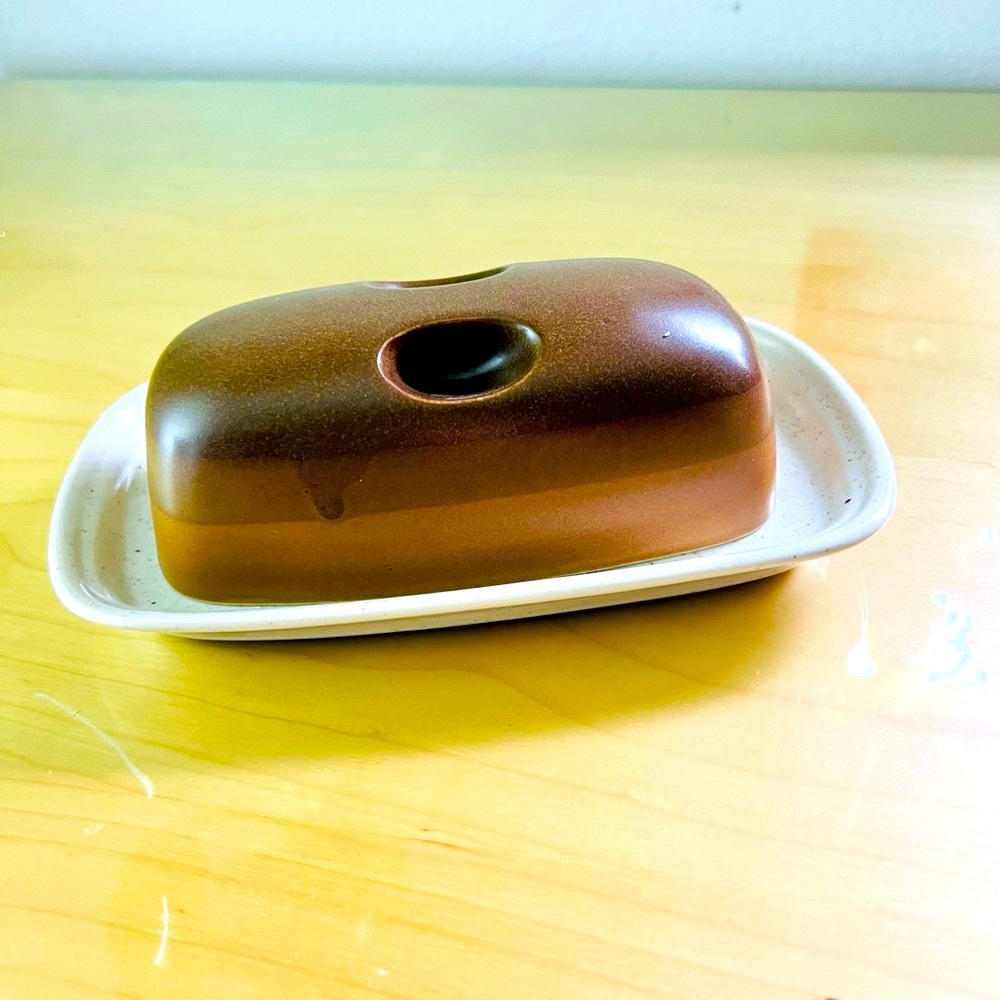 Vintage earth tone ombré stoneware butter dish, Mikasa Japanese stoneware